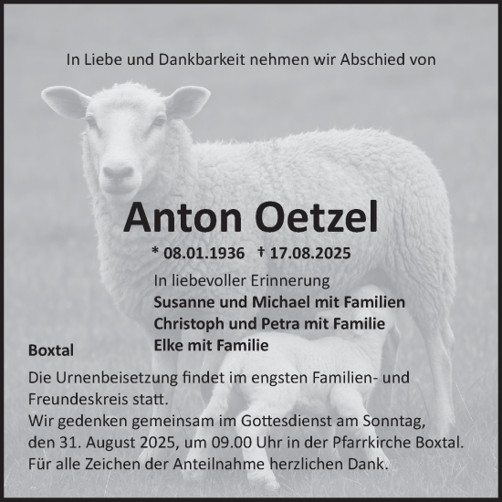 Traueranzeige von Anton Oetzel von Fränkische Nachrichten