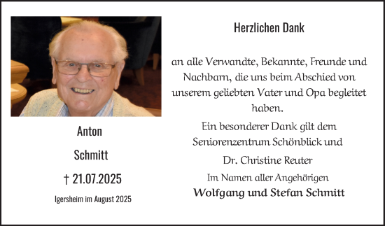 Traueranzeige von Anton Schmitt von Fränkische Nachrichten