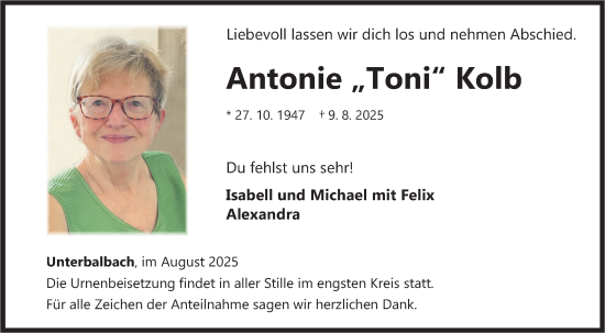 Traueranzeige von Antonie Kolb von Fränkische Nachrichten
