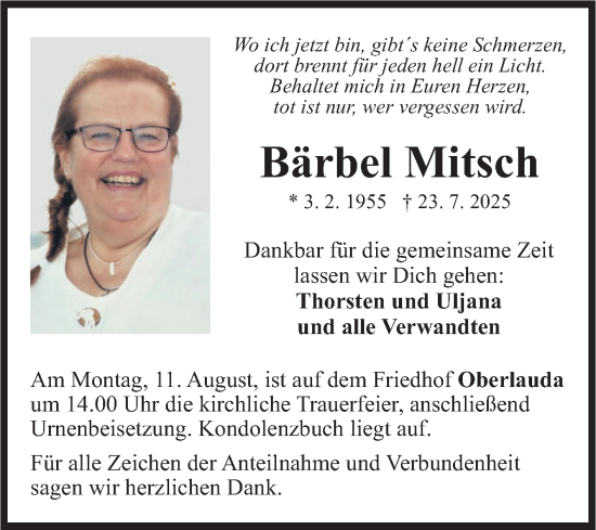 Traueranzeige von Bärbel Mitsch von Fränkische Nachrichten