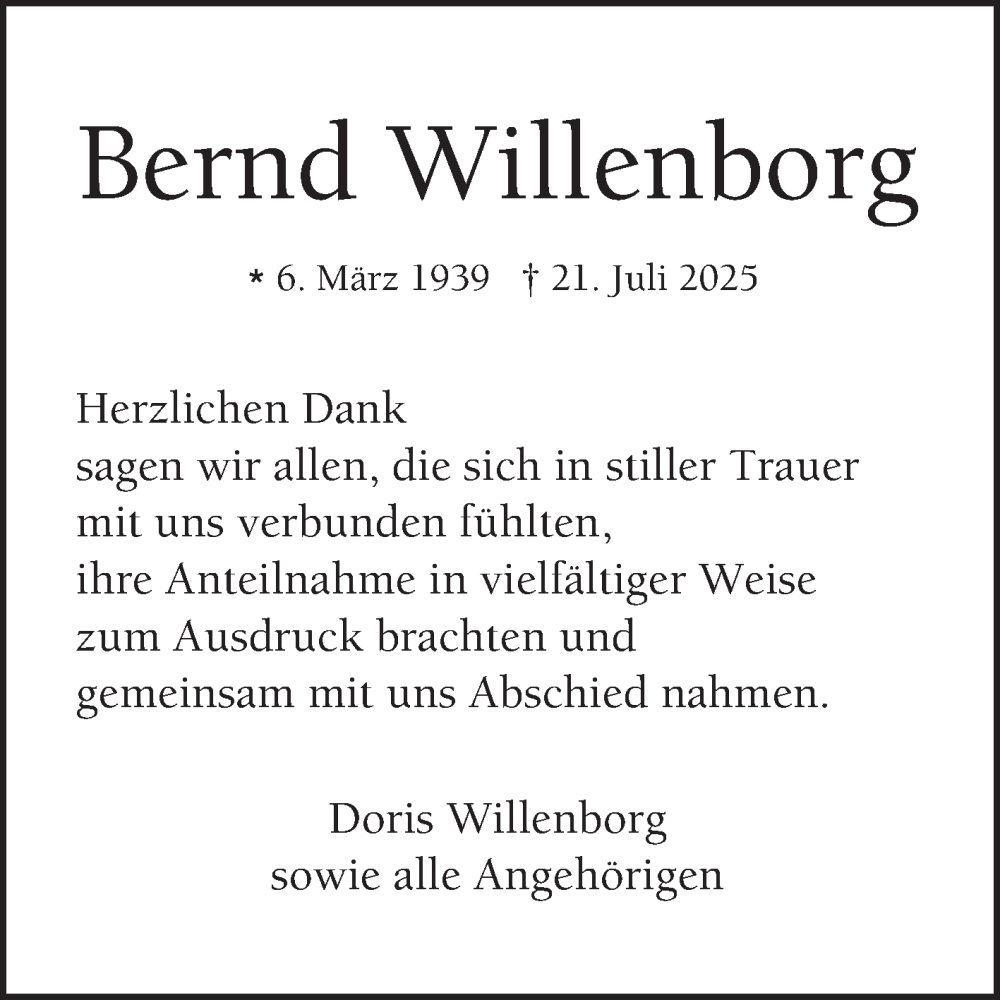  Traueranzeige für Bernd Willenborg vom 16.08.2025 aus Mannheimer Morgen