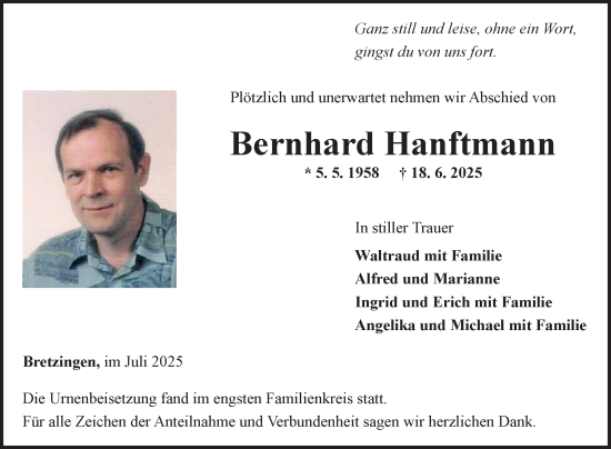 Traueranzeige von Bernhard Hanftmann von Fränkische Nachrichten
