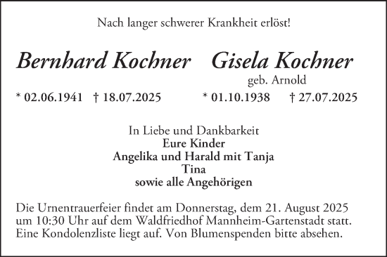 Traueranzeige von Bernhard Kochner von Mannheimer Morgen