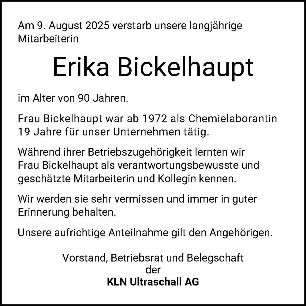  Traueranzeige für Erika Sophie Bickelhaupt vom 28.08.2025 aus Bergsträßer Anzeiger