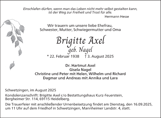 Traueranzeige von Brigitte Axel von Schwetzinger Zeitung