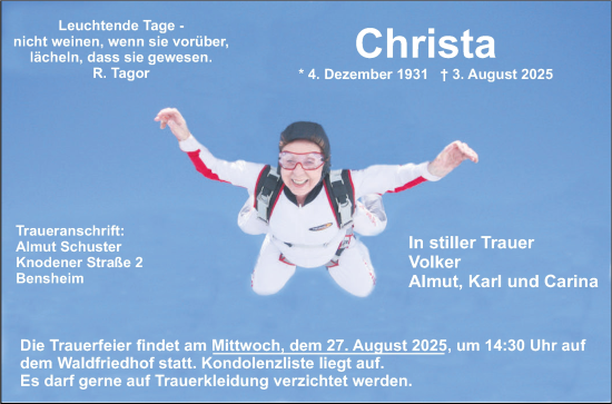 Traueranzeige von Christa  von Bergsträßer Anzeiger