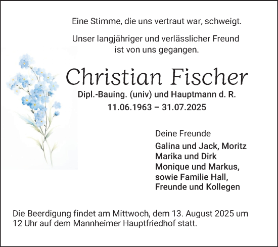 Traueranzeige von Christian Fischer von Mannheimer Morgen