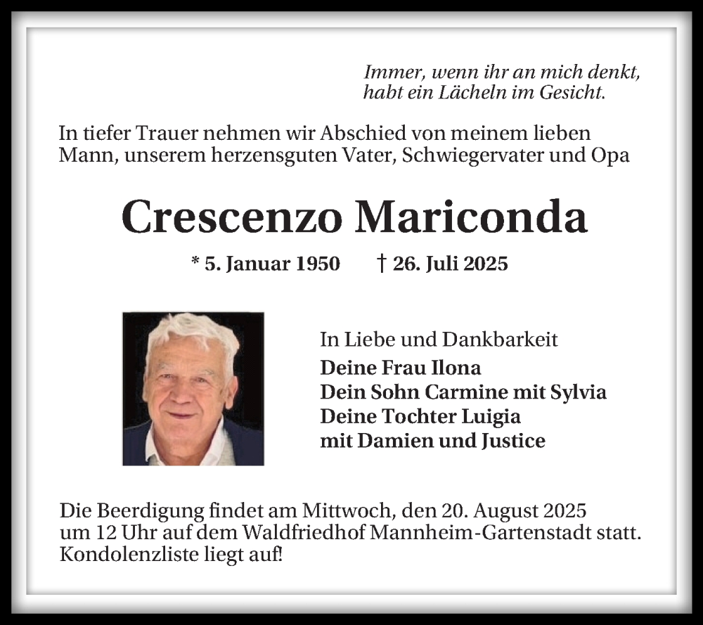  Traueranzeige für Crescenzo Mariconda vom 16.08.2025 aus Mannheimer Morgen