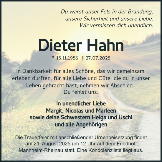 Traueranzeige von Dieter Hahn von Mannheimer Morgen