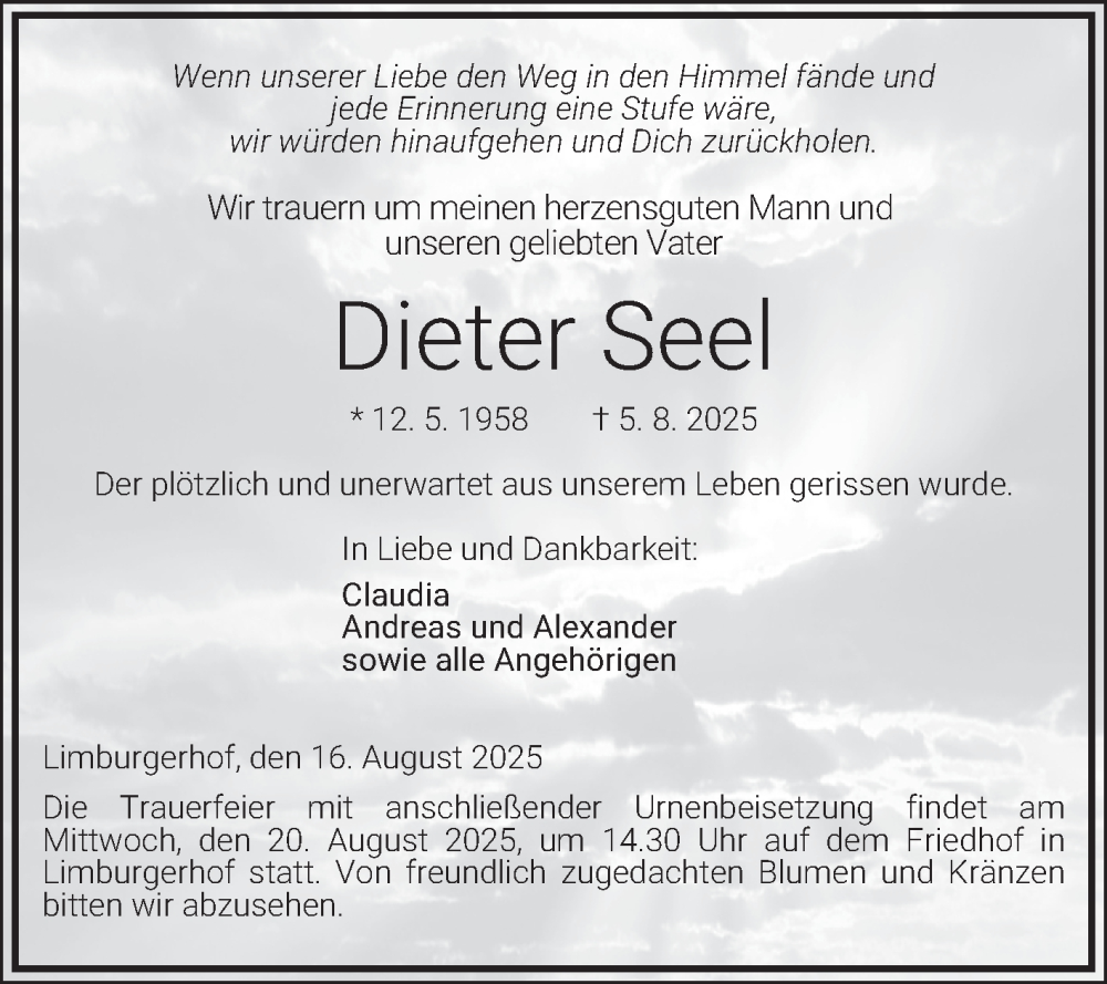  Traueranzeige für Dieter Seel vom 16.08.2025 aus Mannheimer Morgen