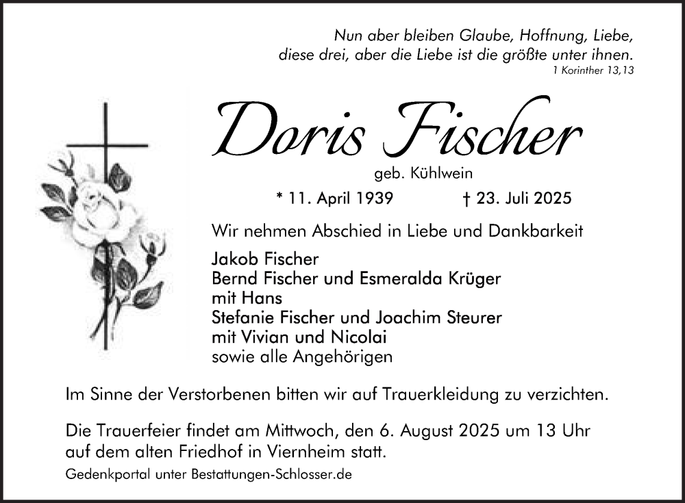  Traueranzeige für Doris Fischer vom 02.08.2025 aus Mannheimer Morgen