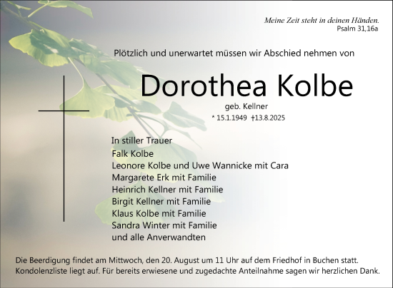 Traueranzeige von Dorothea Kolbe von Fränkische Nachrichten