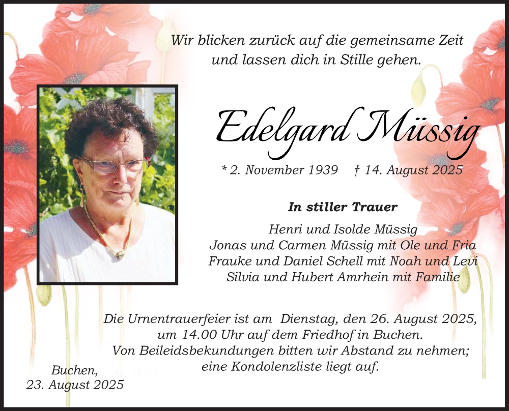  Traueranzeige für Edelgard Müssig vom 23.08.2025 aus Fränkische Nachrichten