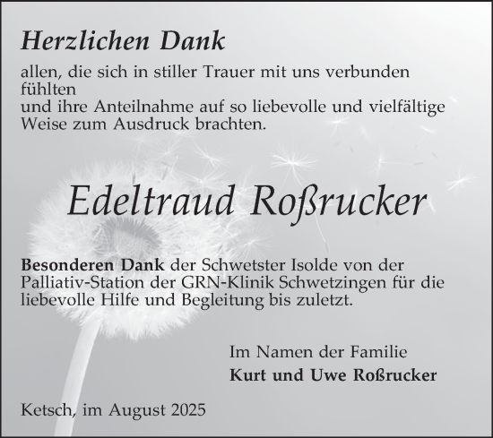 Traueranzeige von Edeltraud Roßrucker von Schwetzinger Zeitung