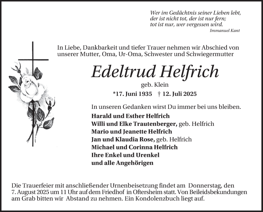  Traueranzeige für Edeltrud Helfrich vom 02.08.2025 aus Schwetzinger Zeitung