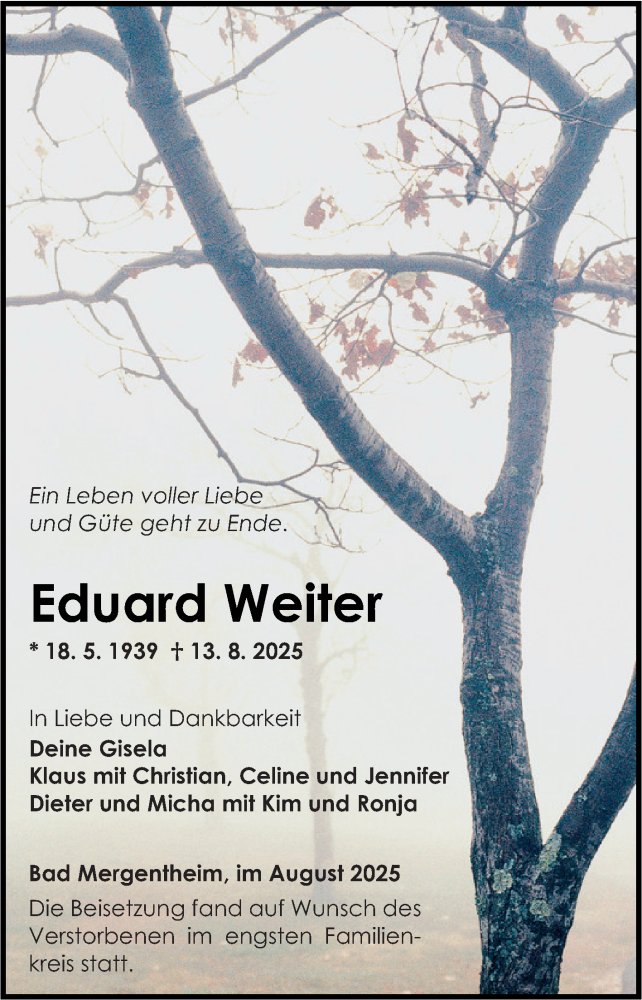  Traueranzeige für Eduard Weiter vom 27.08.2025 aus Fränkische Nachrichten