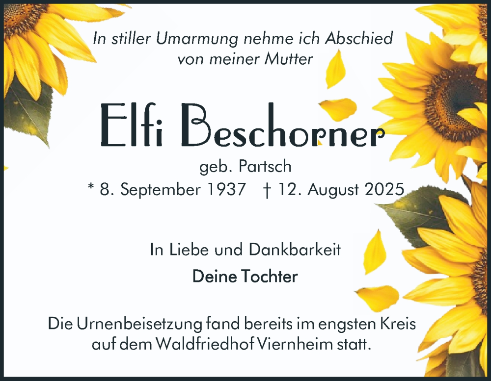  Traueranzeige für Efi Beschorner vom 30.08.2025 aus Mannheimer Morgen