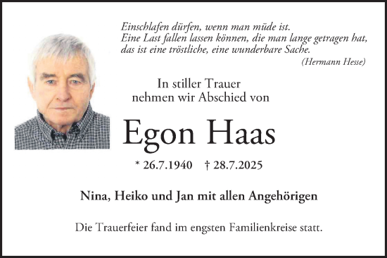 Traueranzeige von Egon Haas von Schwetzinger Zeitung