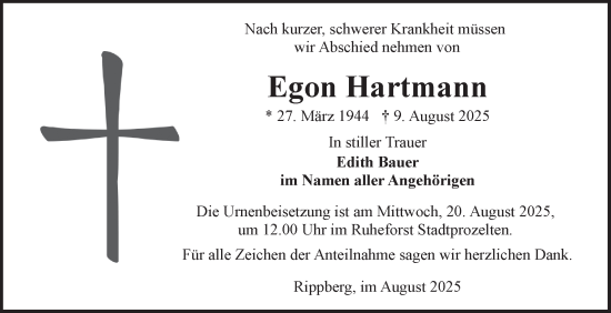 Traueranzeige von Egon Hartmann von Fränkische Nachrichten