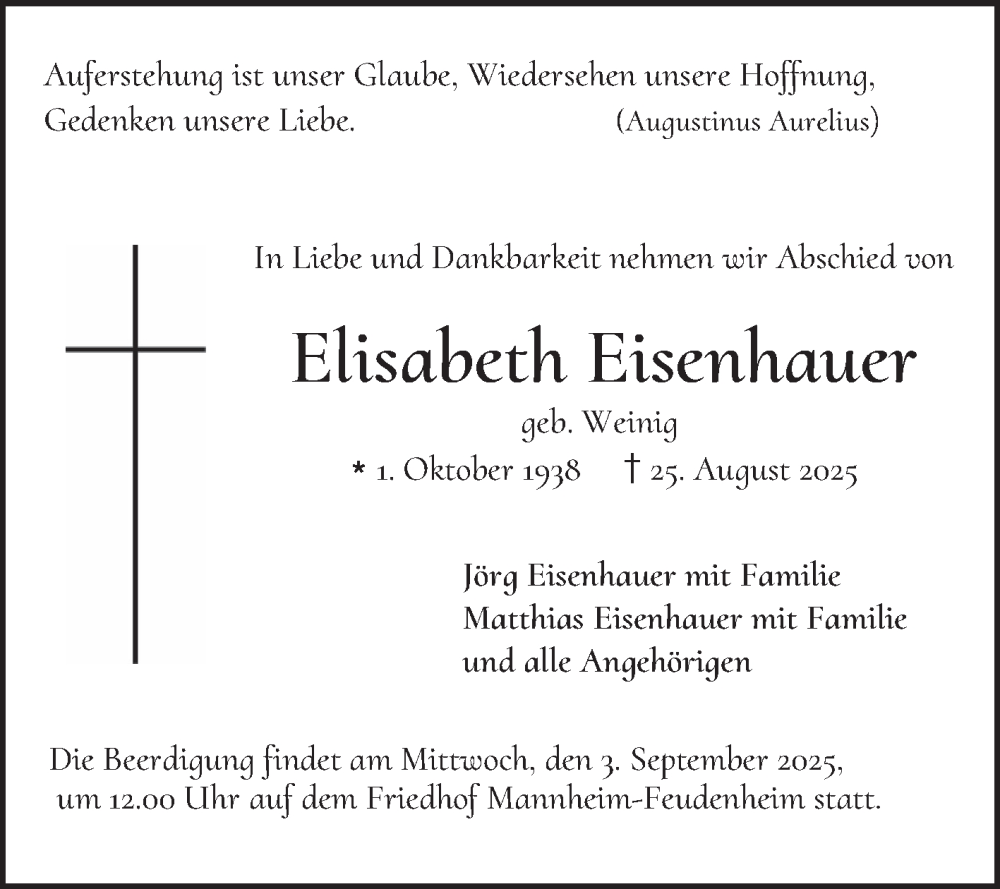  Traueranzeige für Elisabeth Eisenhauer vom 30.08.2025 aus Mannheimer Morgen