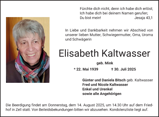 Traueranzeige von Elisabeth Kaltwasser von Bergsträßer Anzeiger