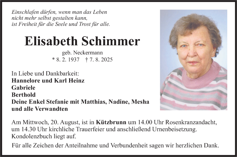  Traueranzeige für Elisabeth Schimmer vom 16.08.2025 aus Fränkische Nachrichten