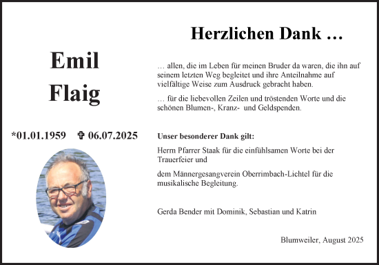 Traueranzeige von Emil Flaig von Fränkische Nachrichten