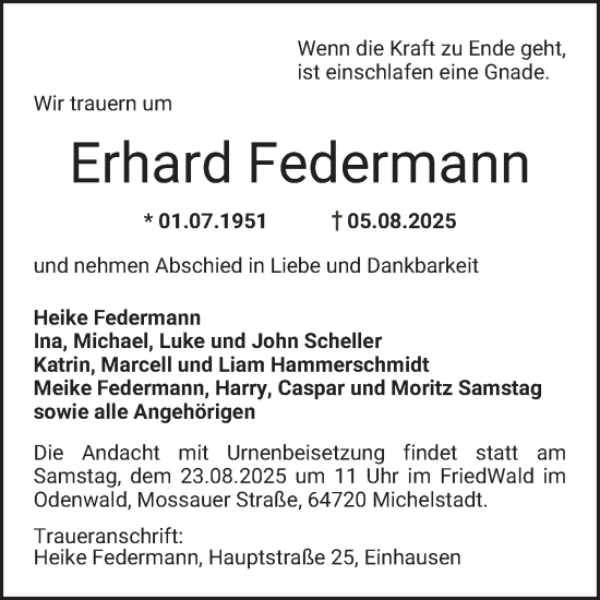 Traueranzeige von Erhard Federmann von Bergsträßer Anzeiger