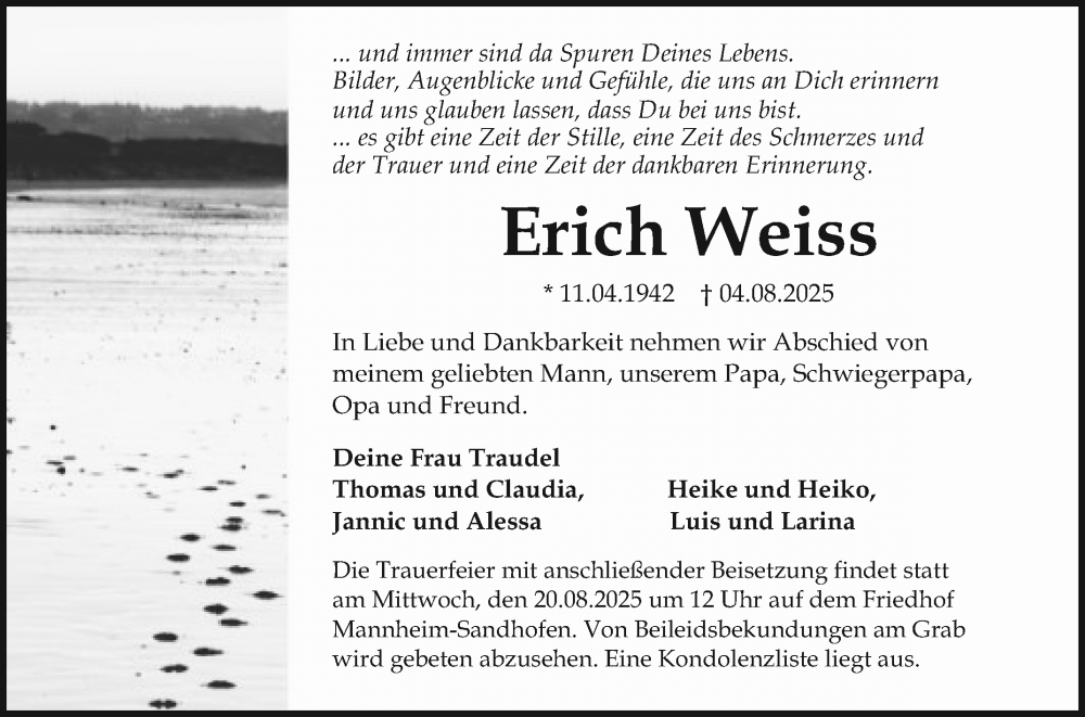  Traueranzeige für Erich Weiss vom 09.08.2025 aus Mannheimer Morgen