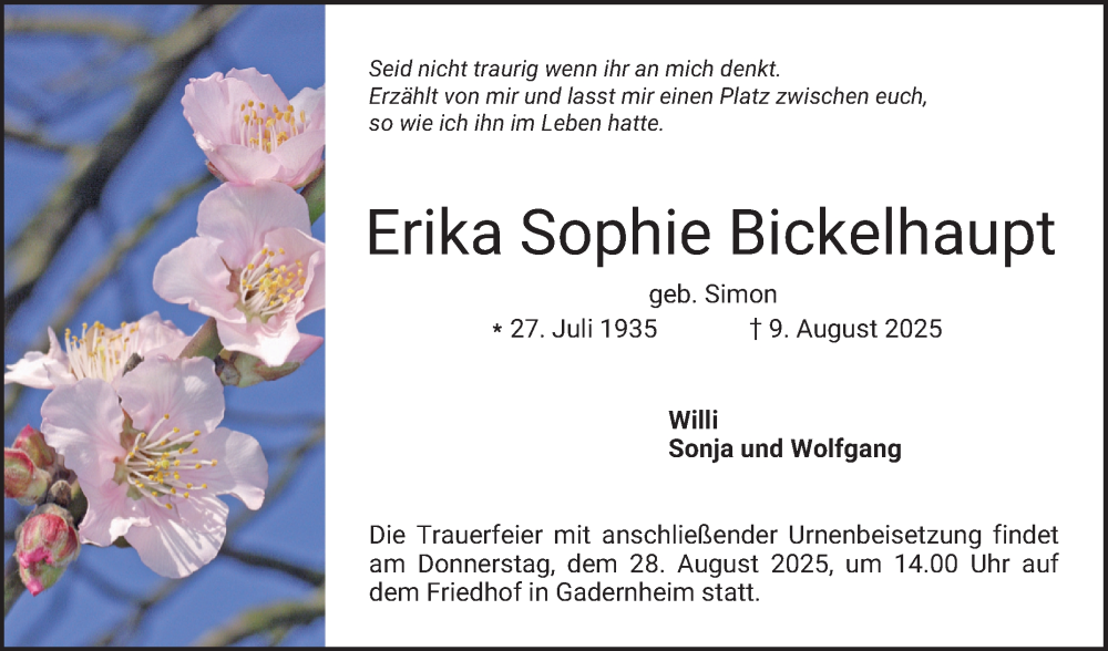  Traueranzeige für Erika Sophie Bickelhaupt vom 23.08.2025 aus Bergsträßer Anzeiger