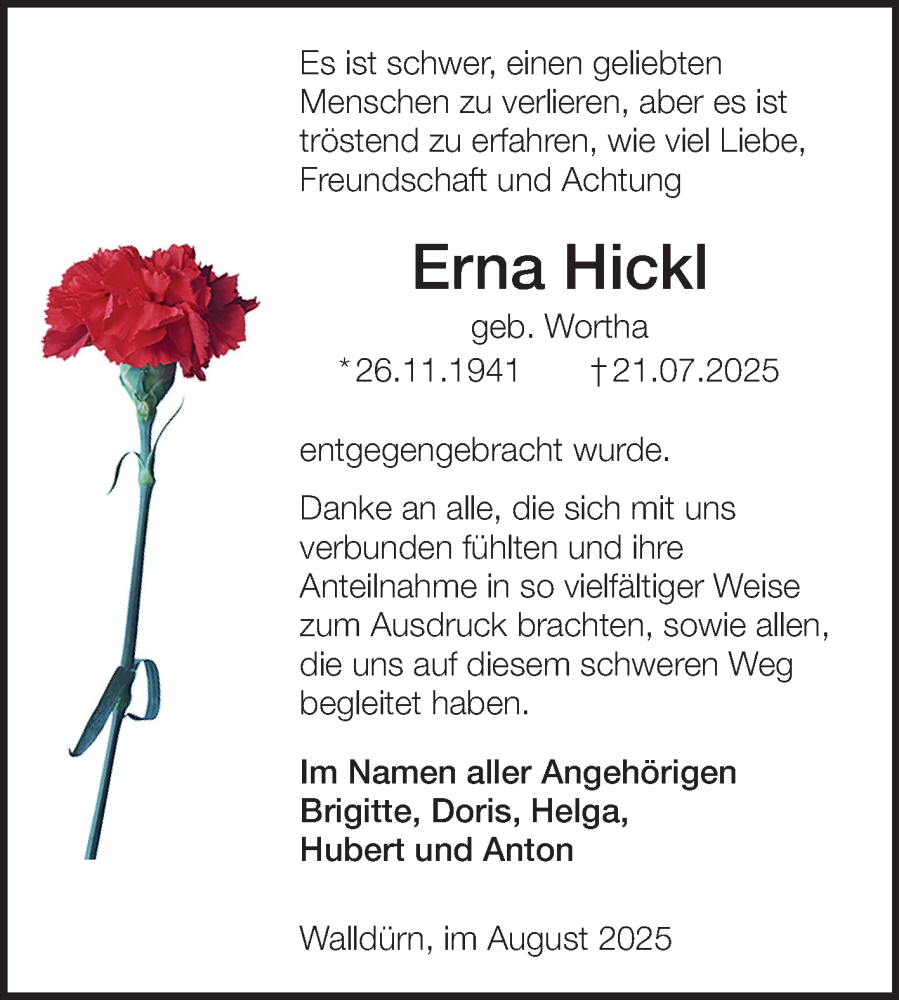  Traueranzeige für Erna Hickl vom 23.08.2025 aus Fränkische Nachrichten