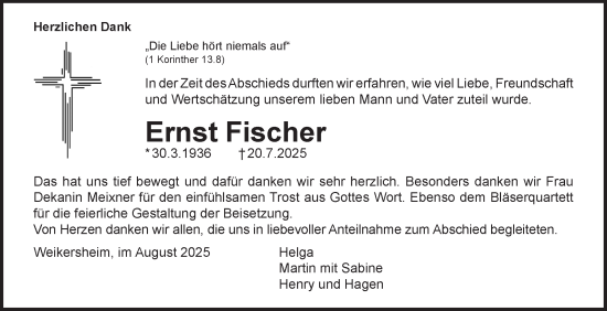 Traueranzeige von Ernst Fischer von Fränkische Nachrichten