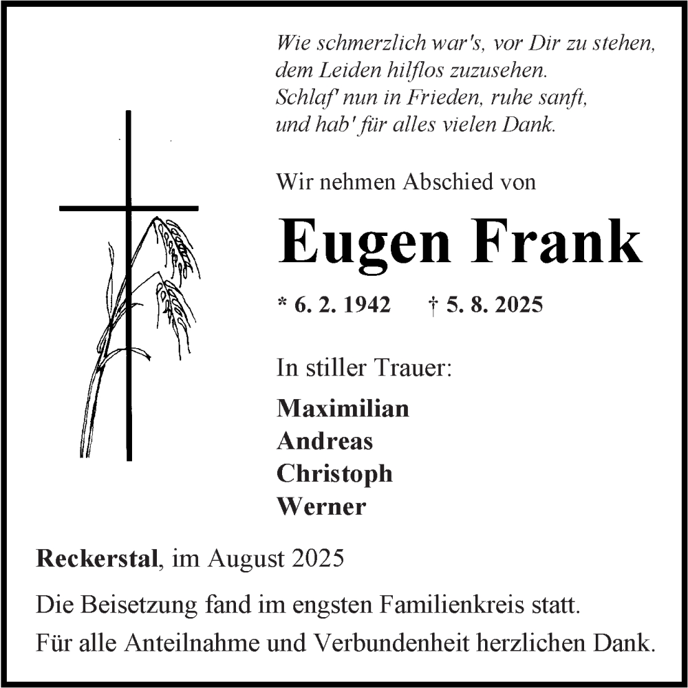  Traueranzeige für Eugen Frank vom 30.08.2025 aus Fränkische Nachrichten