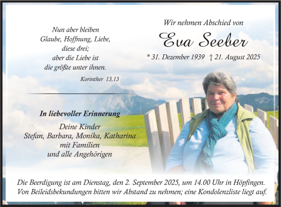 Traueranzeige von Eva Seeber von Fränkische Nachrichten
