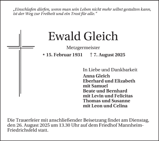 Traueranzeige von Ewald Gleich von Mannheimer Morgen