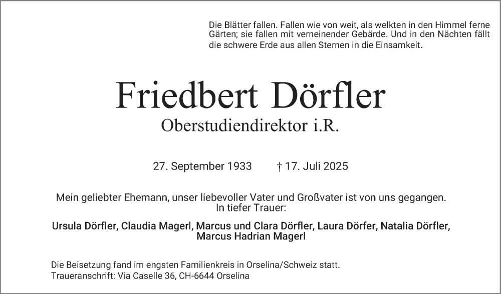  Traueranzeige für Friedbert Dörfler vom 02.08.2025 aus Schwetzinger Zeitung