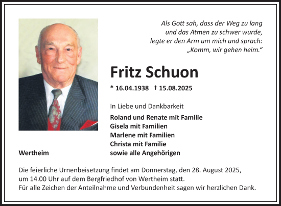 Traueranzeige von Fritz Schuon von Fränkische Nachrichten