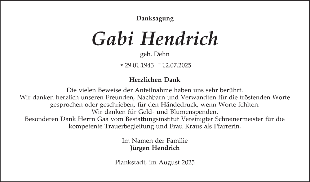  Traueranzeige für Gabi Hendrich vom 30.08.2025 aus Schwetzinger Zeitung