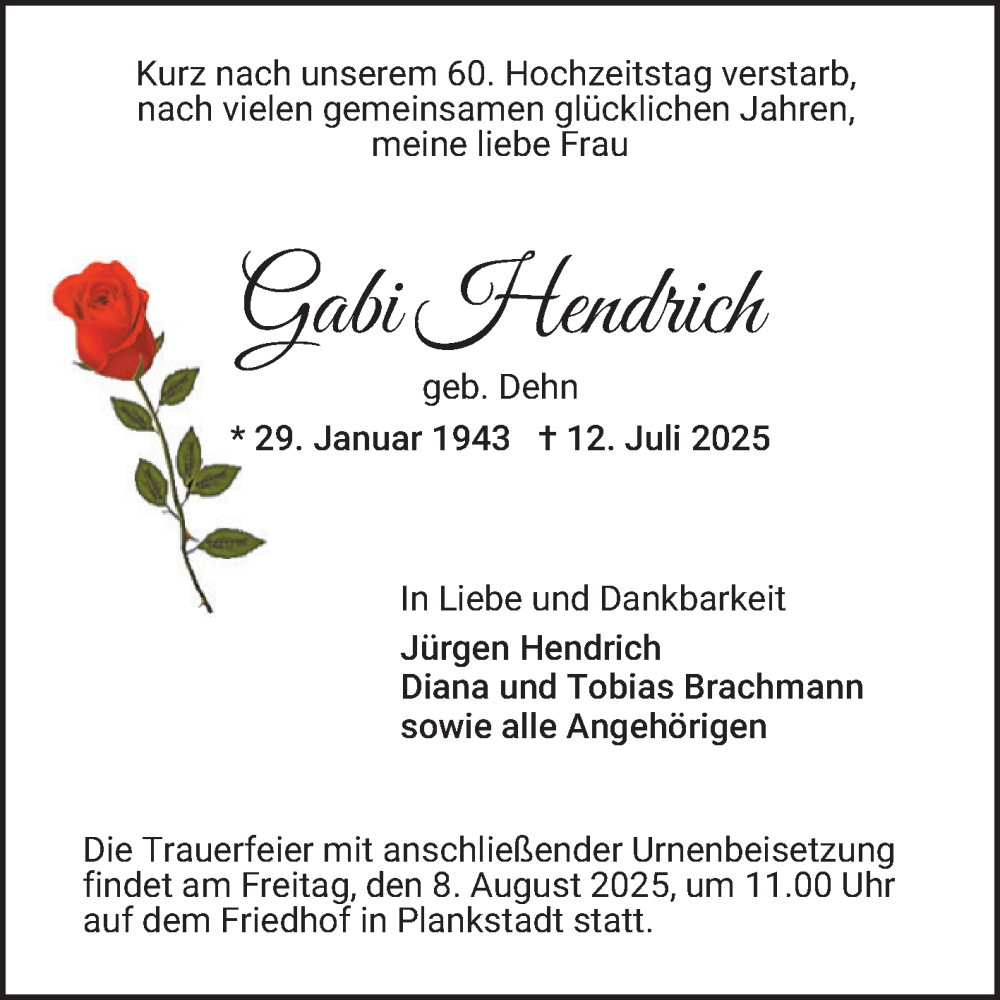  Traueranzeige für Gabi Hendrich vom 02.08.2025 aus Schwetzinger Zeitung