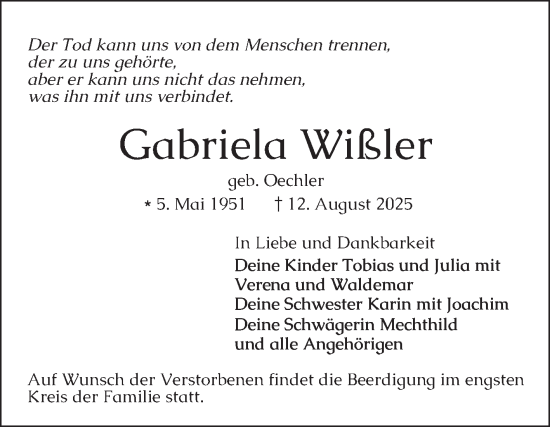 Traueranzeige von Gabriela Wißler von Mannheimer Morgen