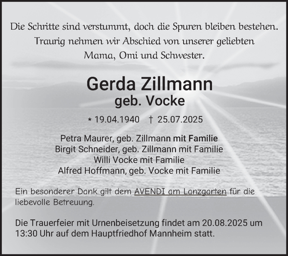  Traueranzeige für Gerda Zillmann vom 09.08.2025 aus Mannheimer Morgen
