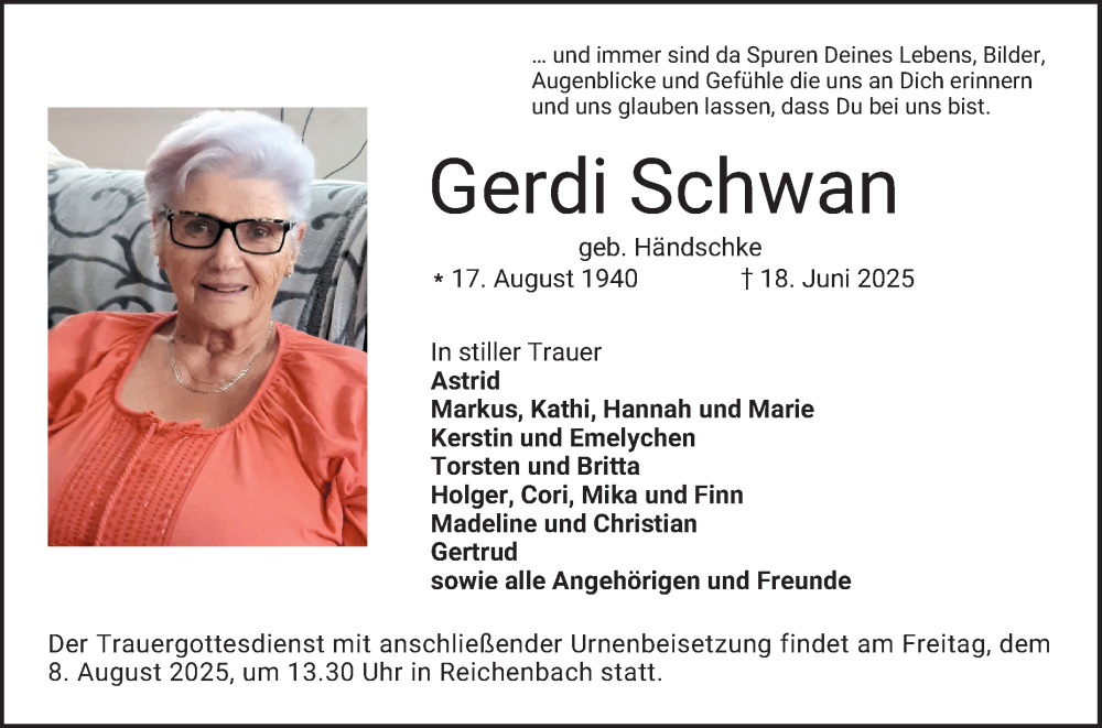  Traueranzeige für Gerdi Schwan vom 02.08.2025 aus Bergsträßer Anzeiger