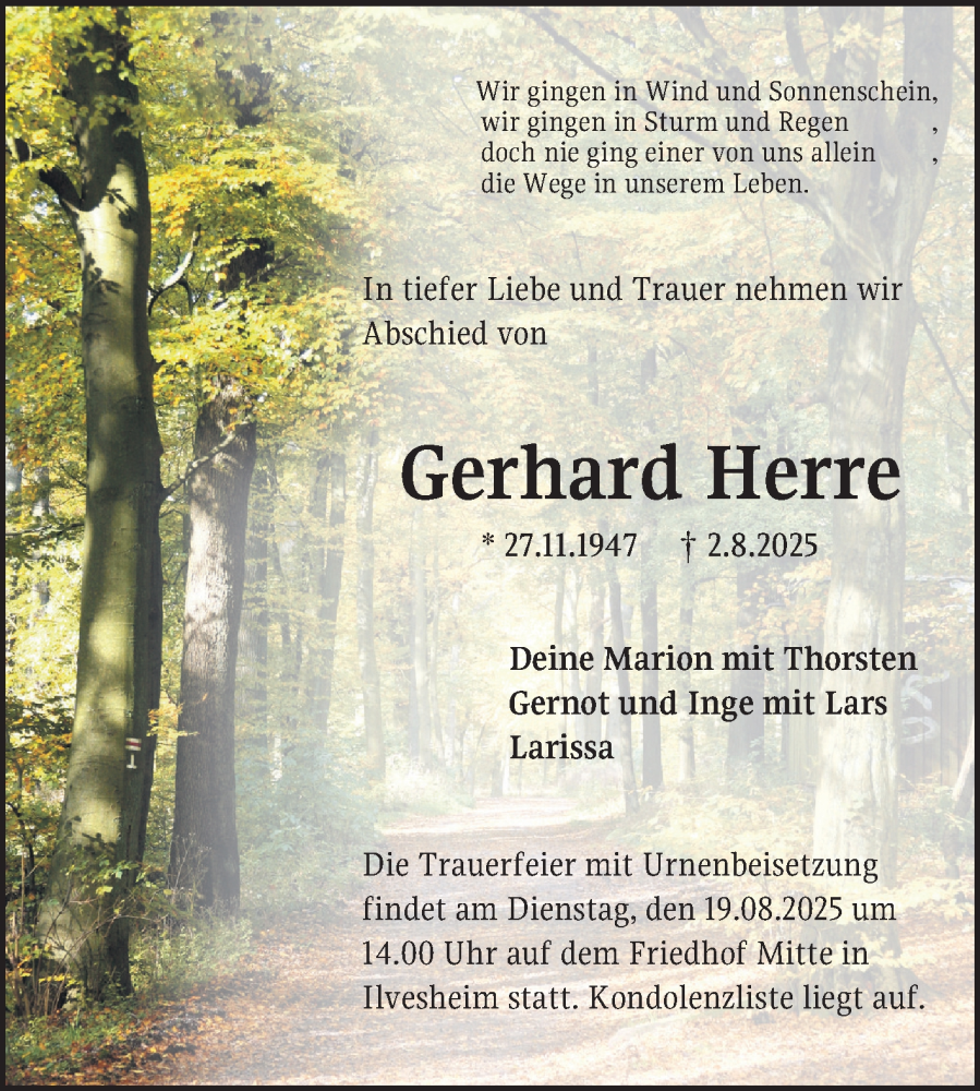  Traueranzeige für Gerhard Herre vom 09.08.2025 aus Mannheimer Morgen