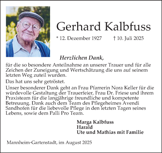 Traueranzeige von Gerhard Kalbfuß von Mannheimer Morgen