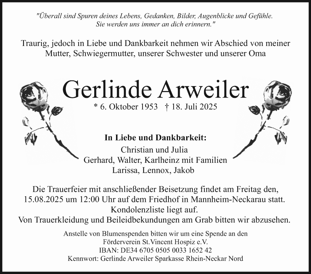  Traueranzeige für Gerlinde Arweiler vom 02.08.2025 aus Mannheimer Morgen