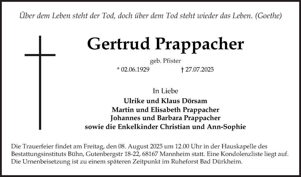  Traueranzeige für Gertrud Prappacher vom 02.08.2025 aus Mannheimer Morgen