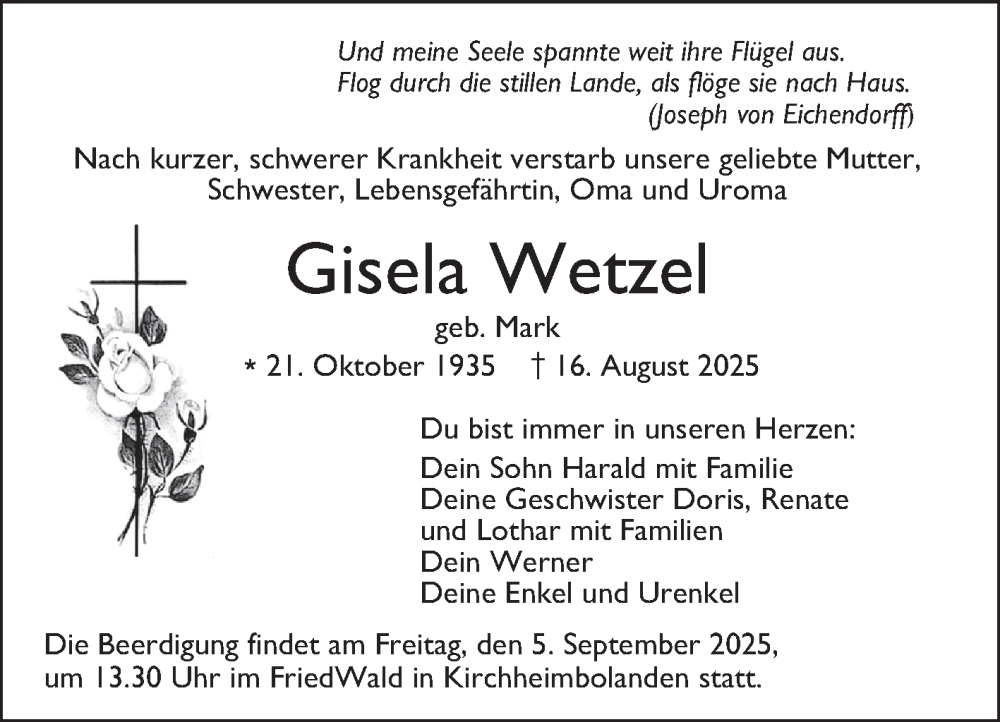 Traueranzeige für Gisela Wetzel vom 28.08.2025 aus Mannheimer Morgen
