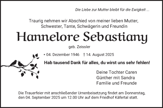 Traueranzeige von Hannelore Sebastiany von Mannheimer Morgen