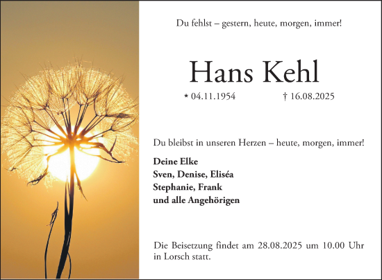 Traueranzeige von Hans Kehl von Bergsträßer Anzeiger
