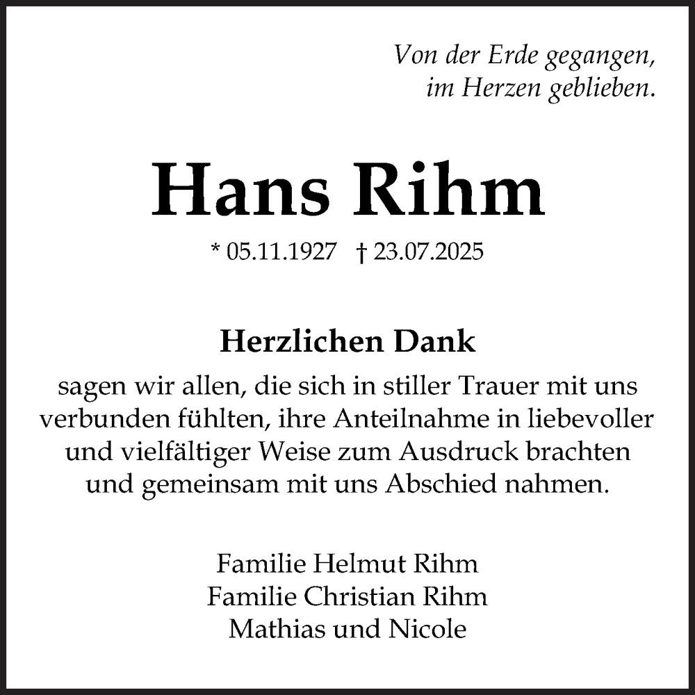  Traueranzeige für Hans Rihm vom 09.08.2025 aus Mannheimer Morgen